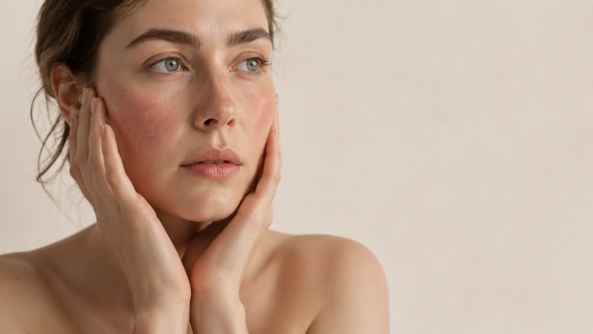 Woman cupping both cheeks with visible diffuse redness, the kind of reactive skin a cica cream is aimed at