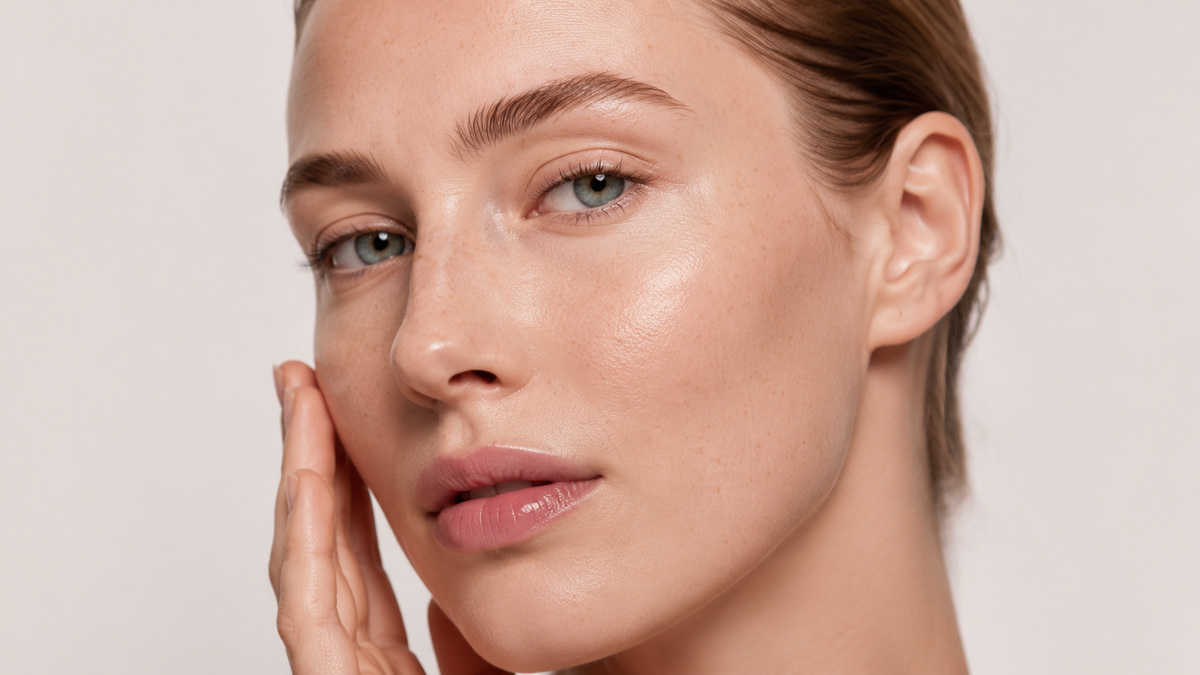 Close-up of bare skin with a hand resting on the cheek, the forehead and nose catching more light