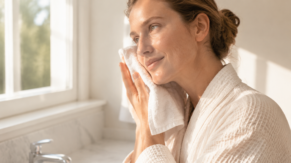 Woman blotting her face with a soft towel by a bright bathroom window at the start of a morning routine