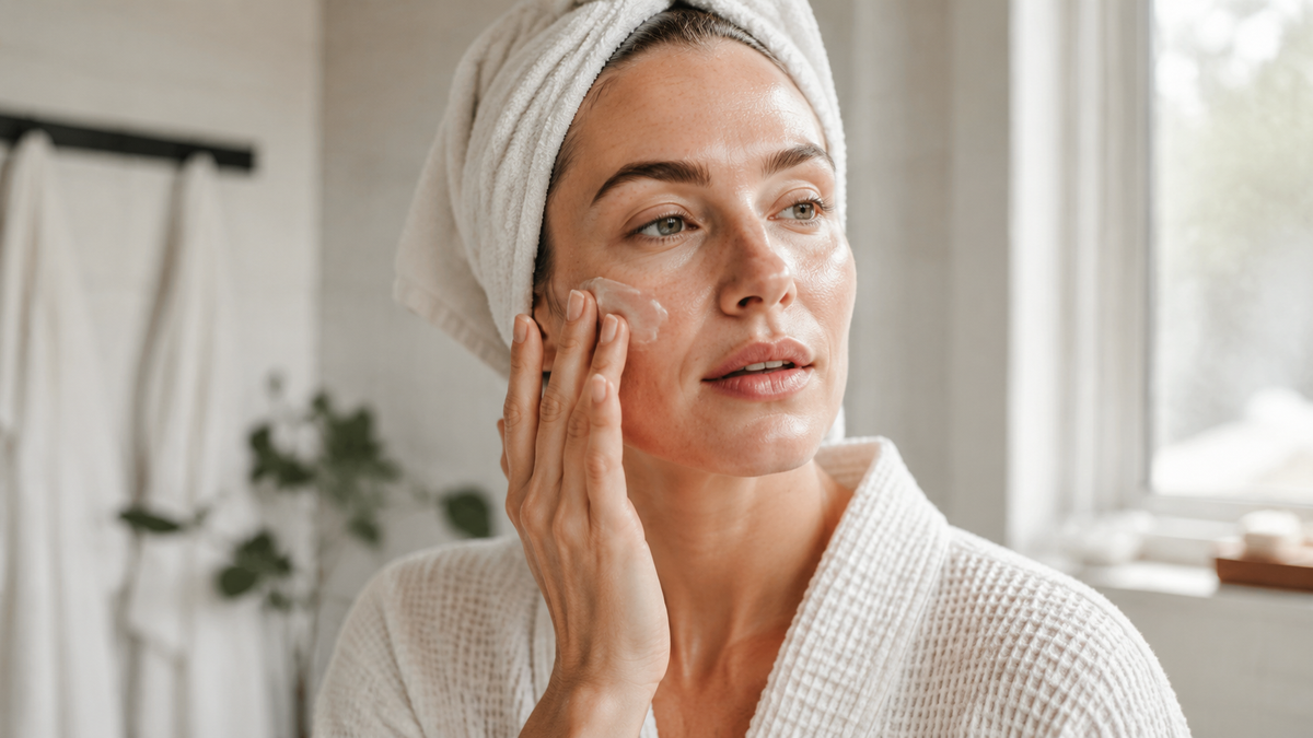 Woman pressing moisturizer into her cheek at the bathroom mirror before the next morning step