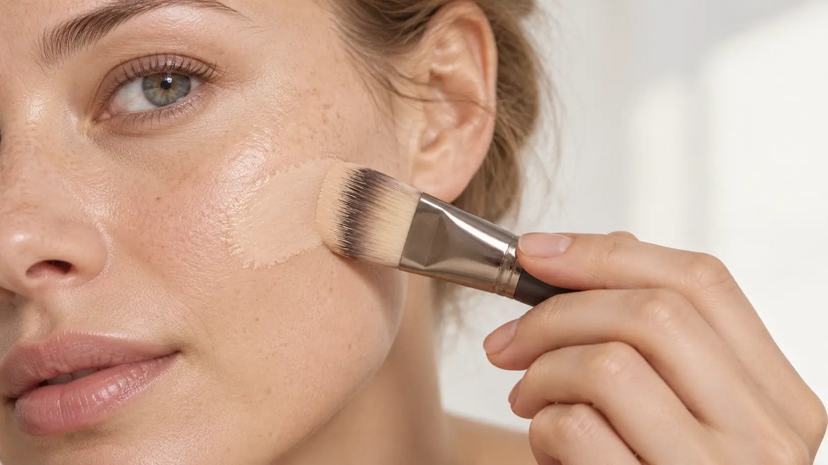 Foundation brush drawing a band of base makeup across a cheek, the skin texture still visible underneath
