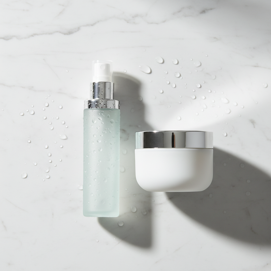 Editorial skincare image comparing ampoule mist and moisturizer in a hydration routine