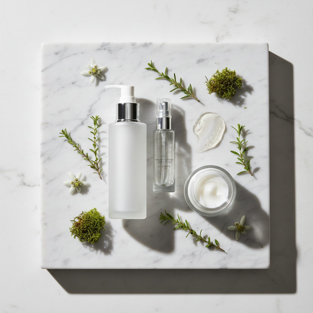 Editorial skincare image for a three step Korean glass skin routine with cleanser mist and cream