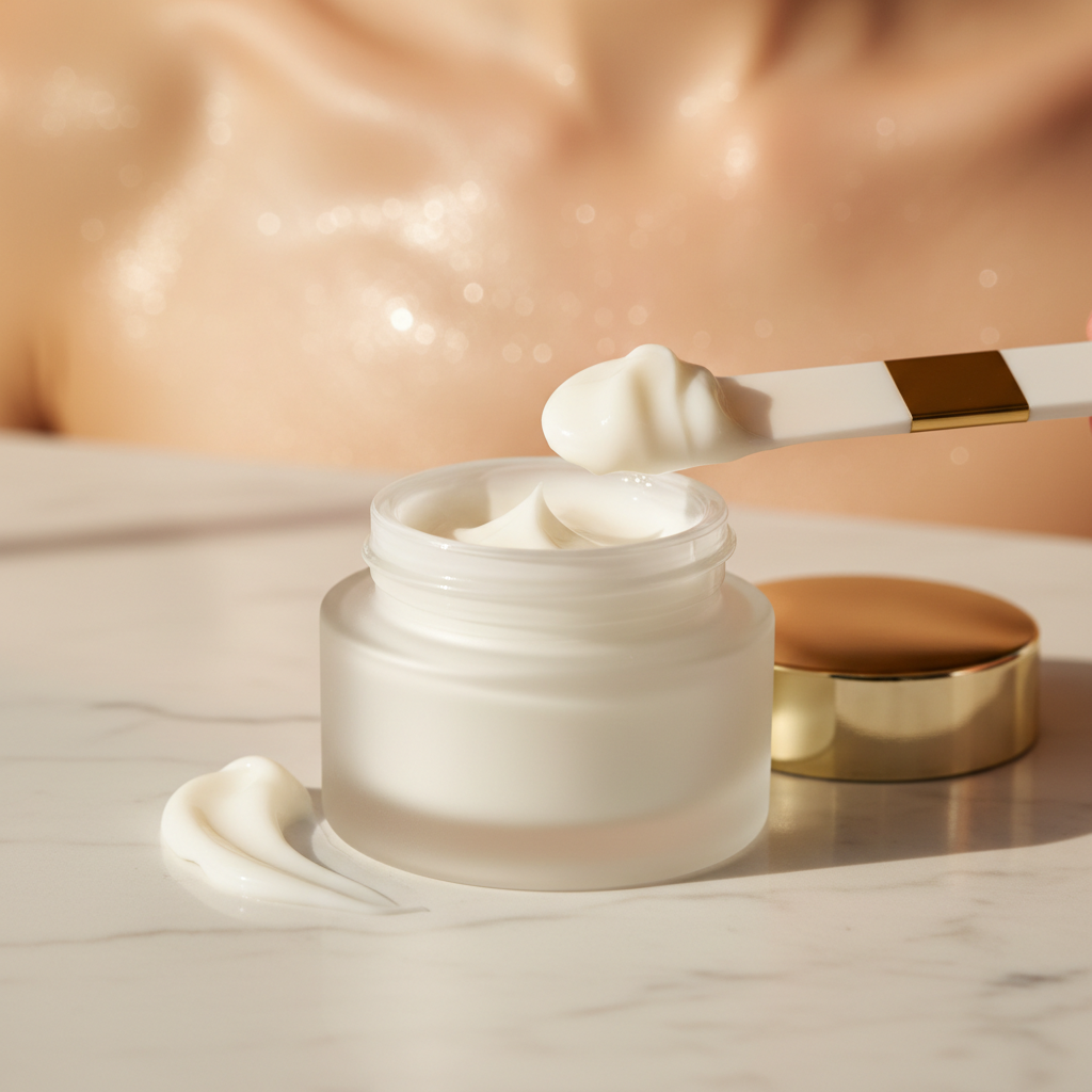 Editorial skincare image for Volufiline-style plumping face cream for smile lines and neck care