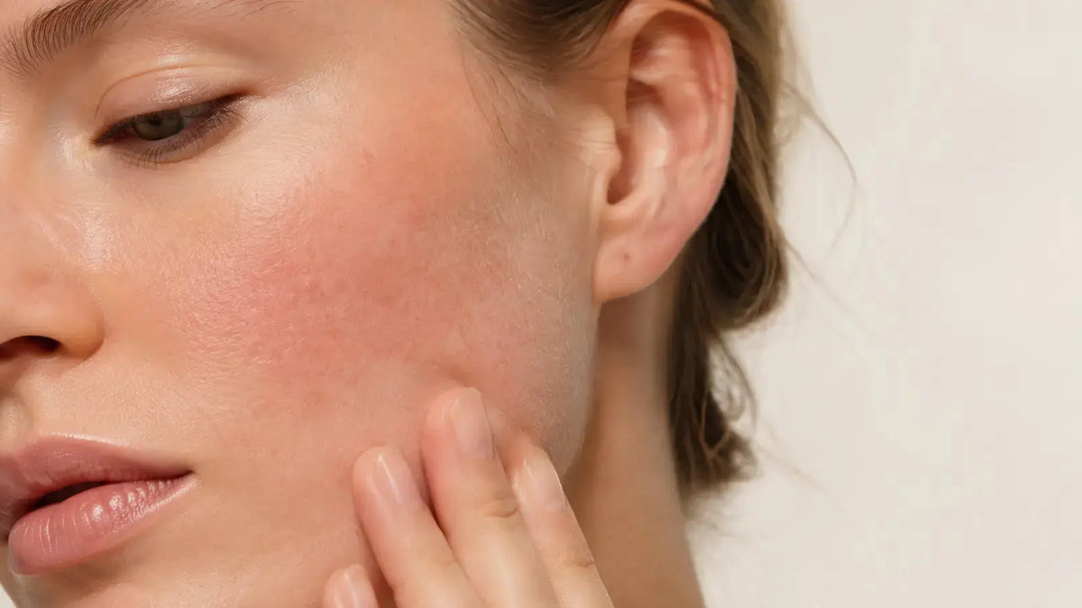A woman touches her wind-reddened cheek outdoors, illustrating cold-weather skin barrier stress.