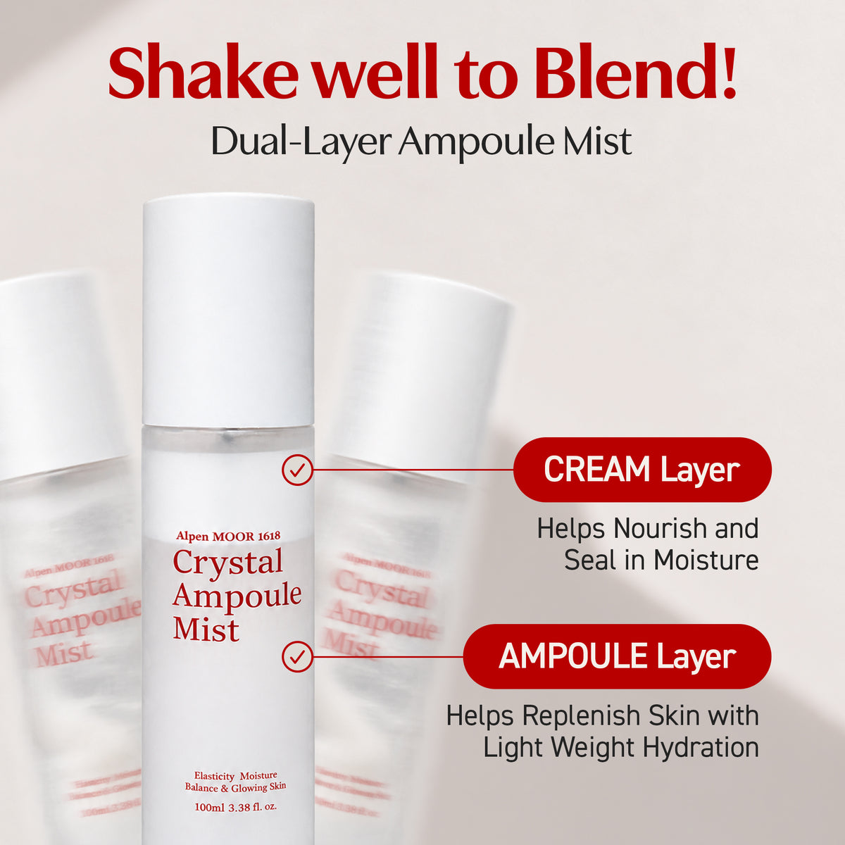 Two Crystal Ampoule Mist bottles labelled to show the cream layer and the ampoule layer that combine when the bottle is shaken.