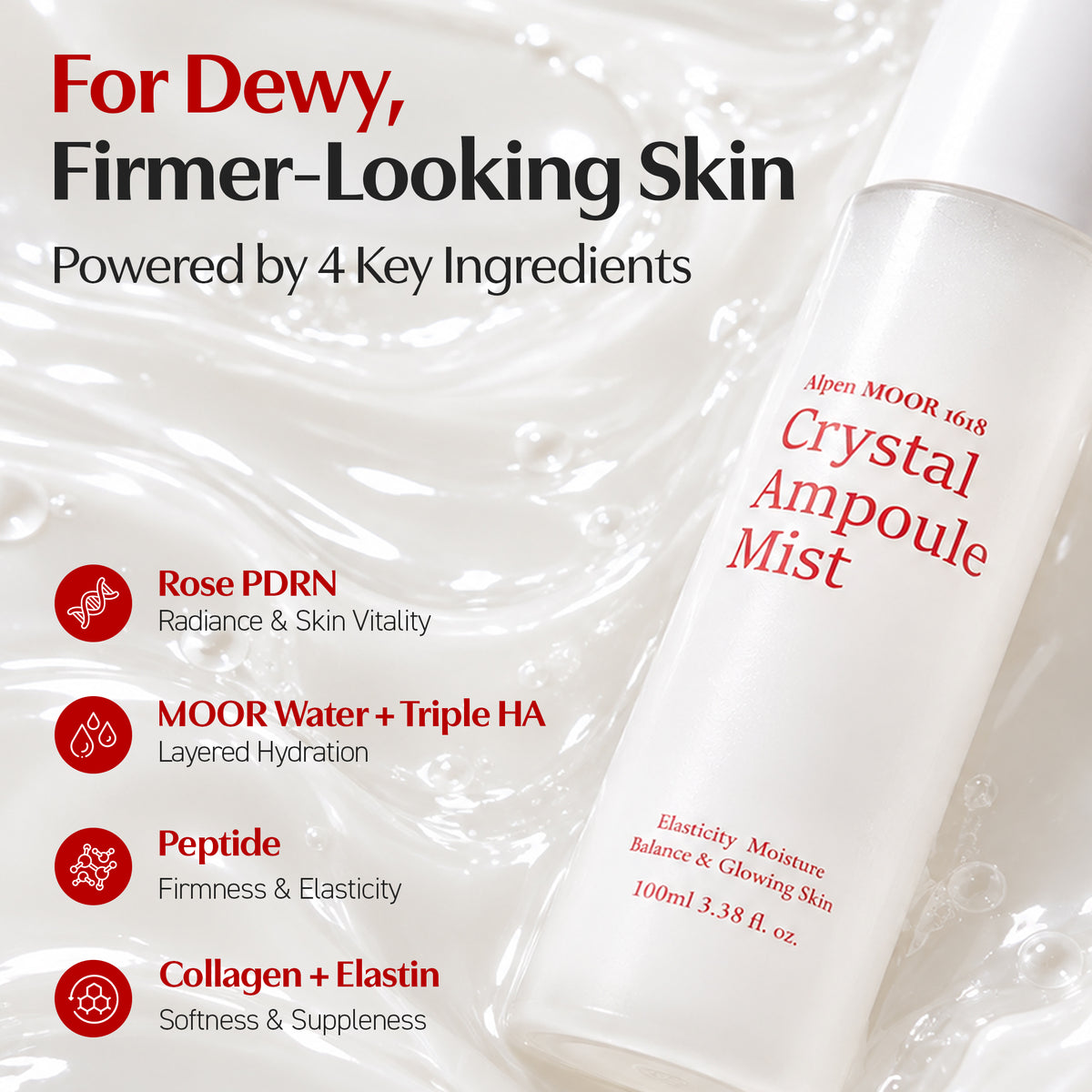 Crystal Ampoule Mist bottle beside its four key ingredients: rose PDRN, moor water with triple hyaluronic acid, peptide, and collagen with elastin.